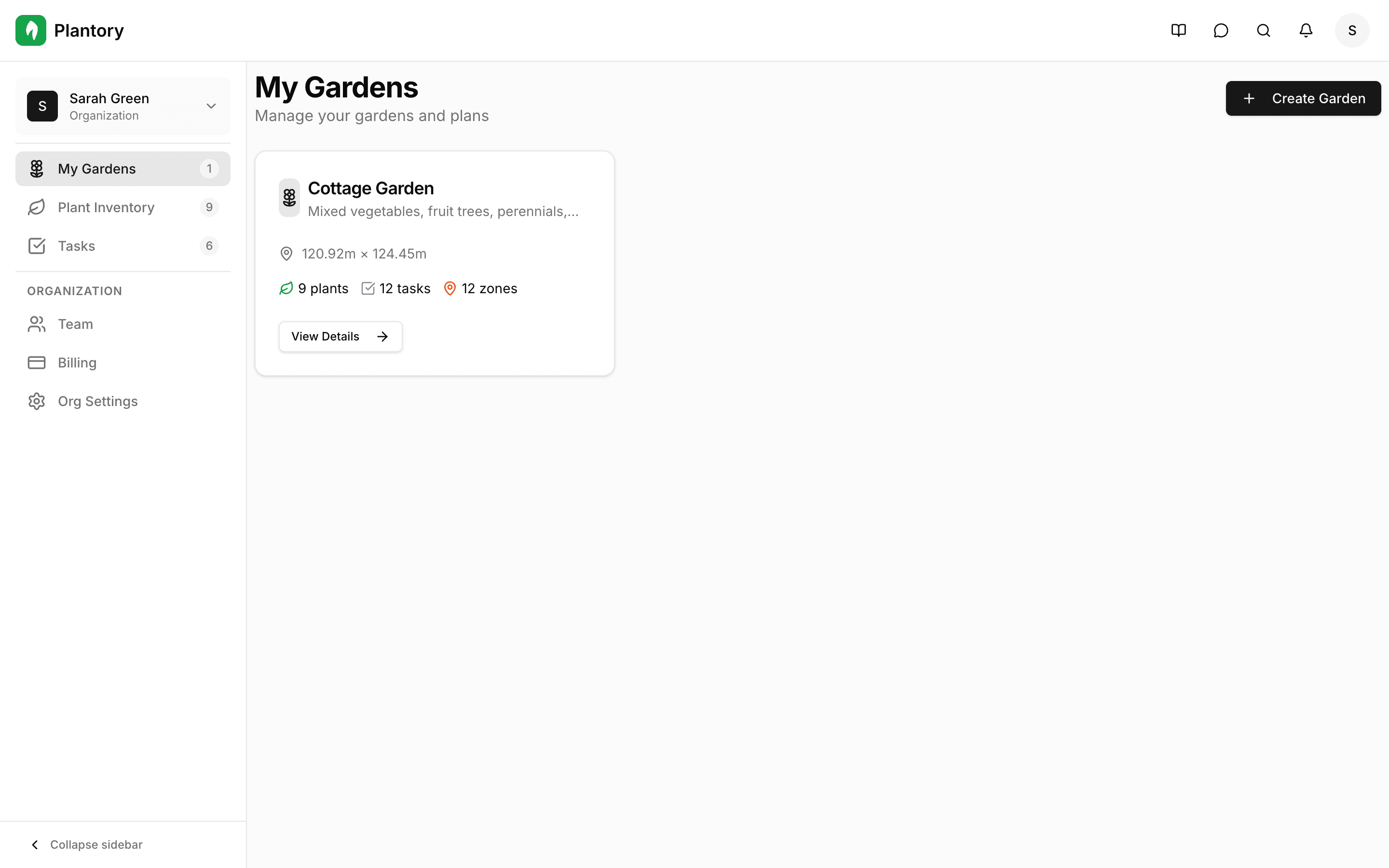 Dashboard with Create Garden button highlighted