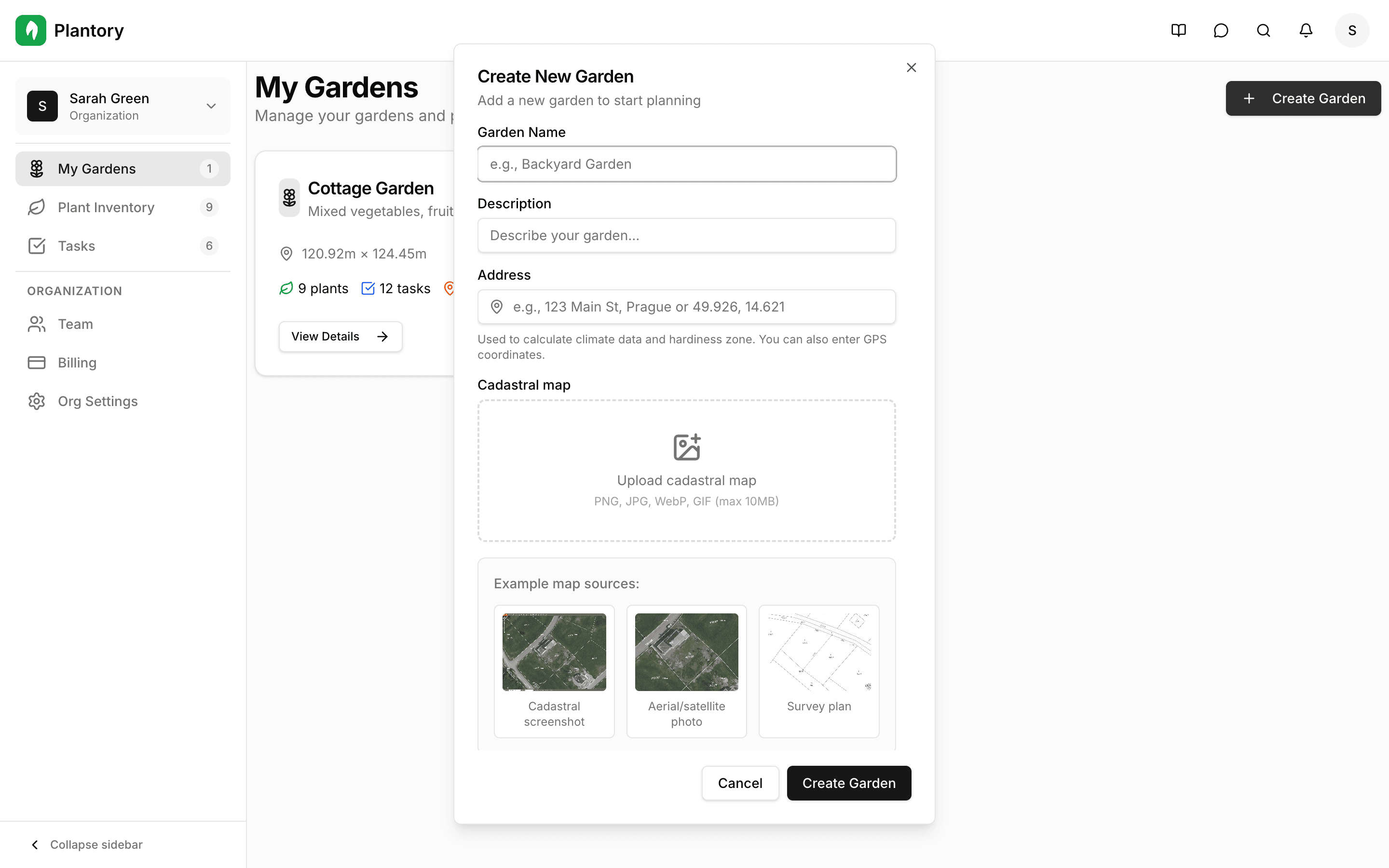 Create garden form showing all input fields