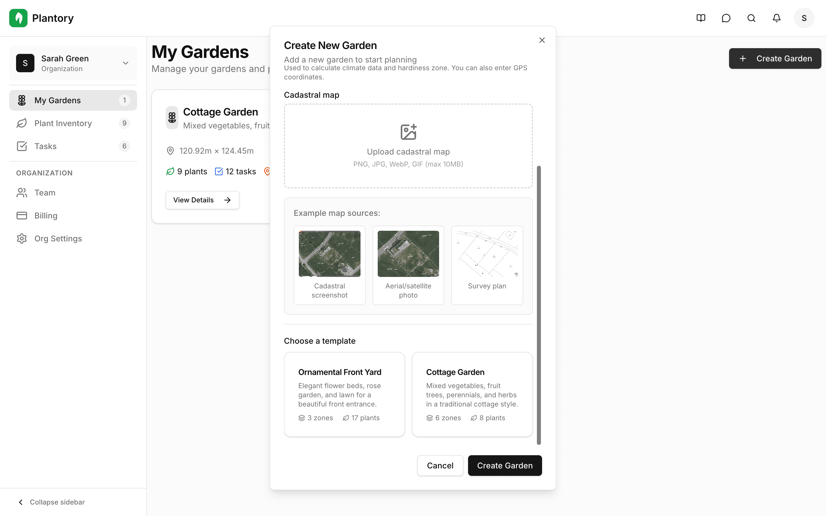 Template gallery showing available garden templates